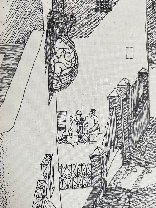 Vintage 1971 Tunis Tunisia Architectural Ink Drawing by K. Winnenberg, Street Scene Artwork