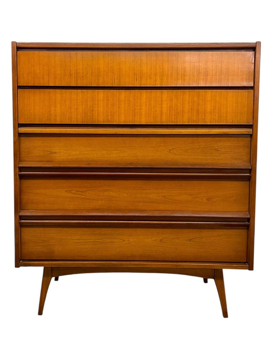 Vintage Mid-Century Modern Matching Dresser Set - 9-Drawer Low Dresser & Highboy with Sculpted Integrated Pulls and Dovetail Drawers