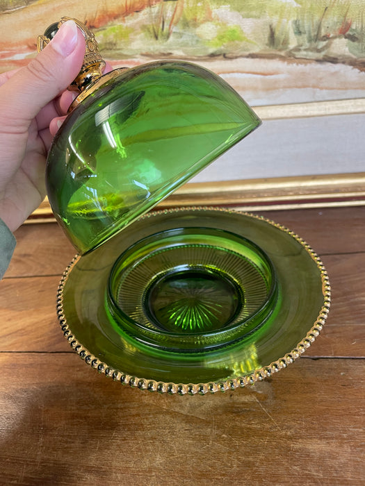 Vintage Green Glass Covered Candy Dish with Pedestal Base and Brass-Toned Mount