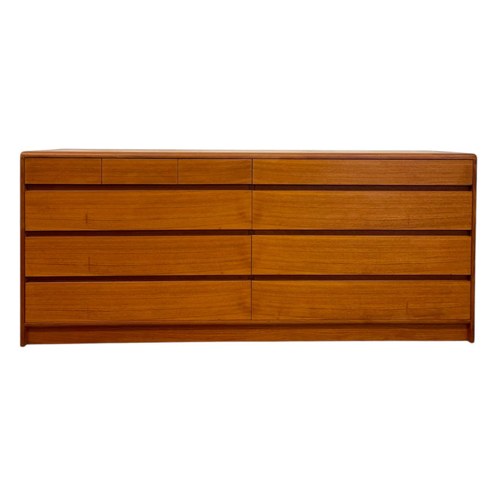 Vintage Mid Century Modern Teak Long Lowboy Double Dresser Credenza.
