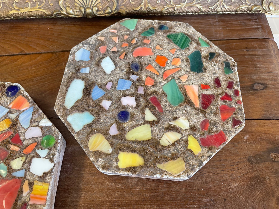 Pair of Vintage Mosaic Glass and Concrete Octagonal Stepping Stones