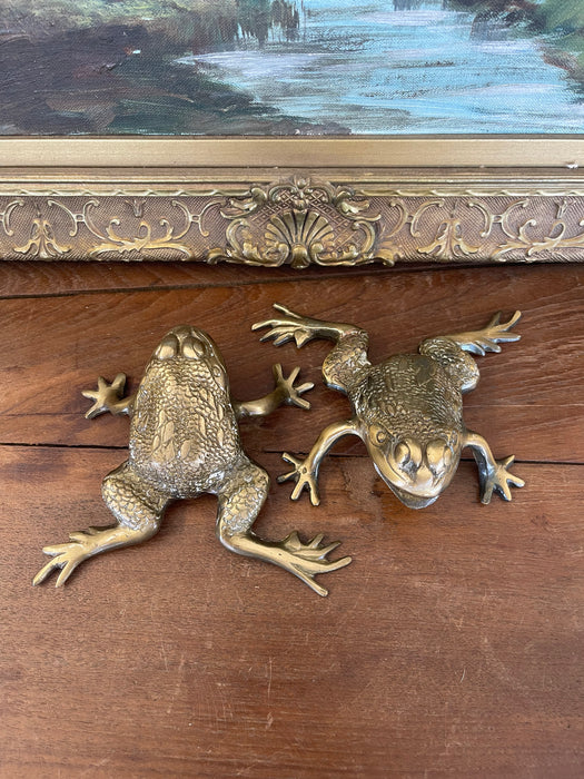 Pair of Vintage Brass Toned Crouching Frog Sculptures with Open Mouth and Textured Detailing.