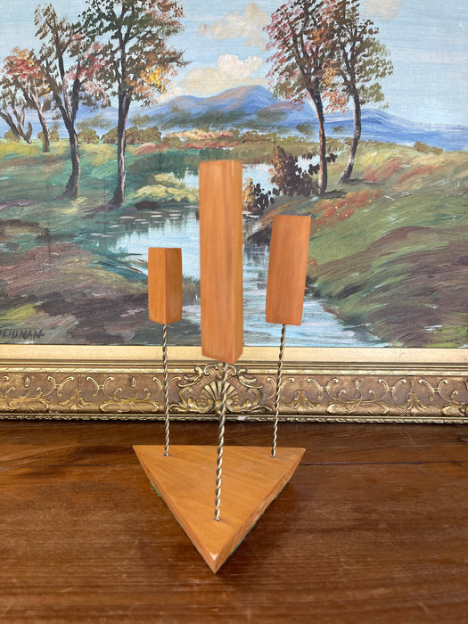 Mid-Century Modern Possibly Teak and Twisted Metal Triple Candle Holder with Geometric Base