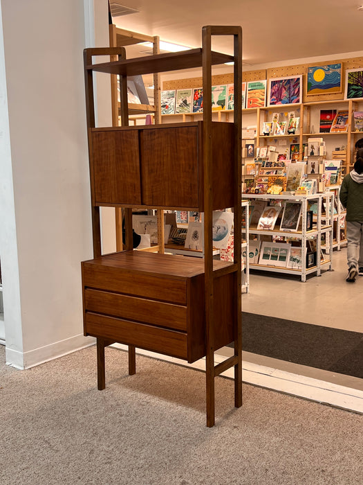 Vintage Mid Century Modern Free Standing Room Divider Wall Unit Cabinet with 3-Drawers and Finished Back