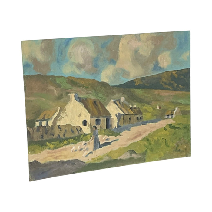 Vintage European Village Landscape Painting on Canvas