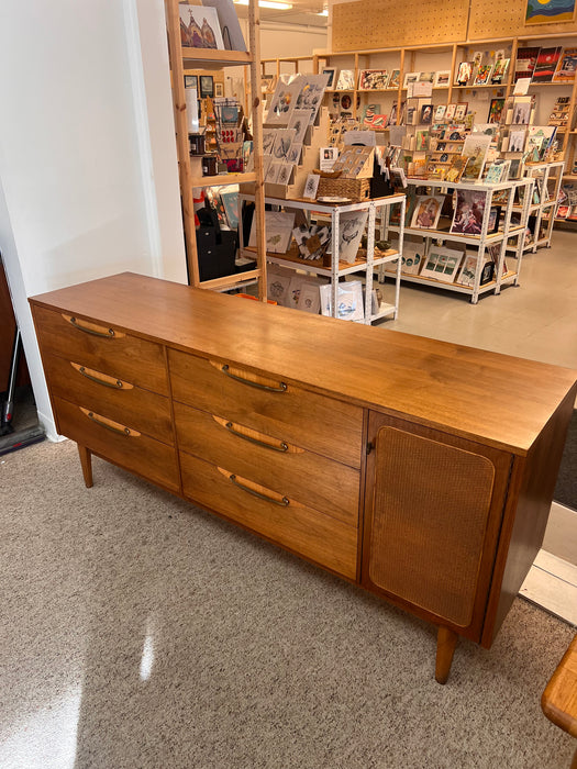 Vintage Mid Century Modern Solid Walnut Dresser with Six Drawers and aCabinet Brass Hardware by Lane Furniture Altavista Line