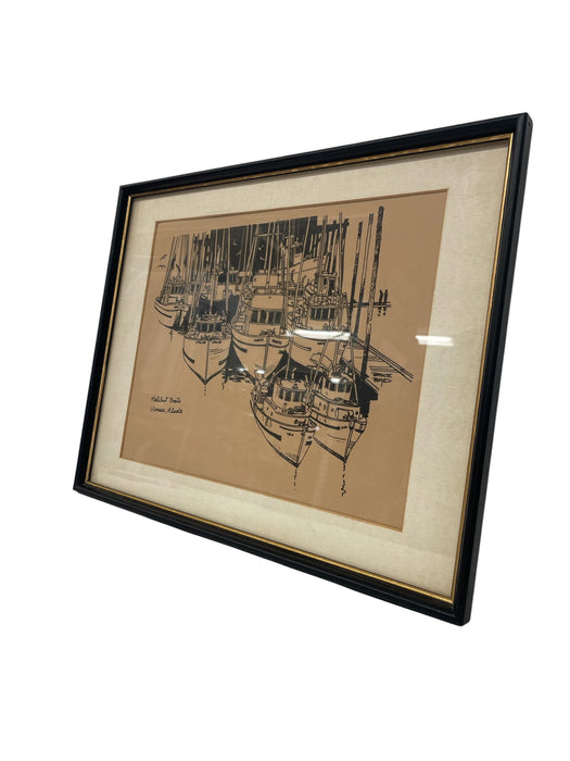Mid-Century Style Bruce Boyd "Halibut Boats, Juneau, Alaska" Framed Graphic Maritime Print