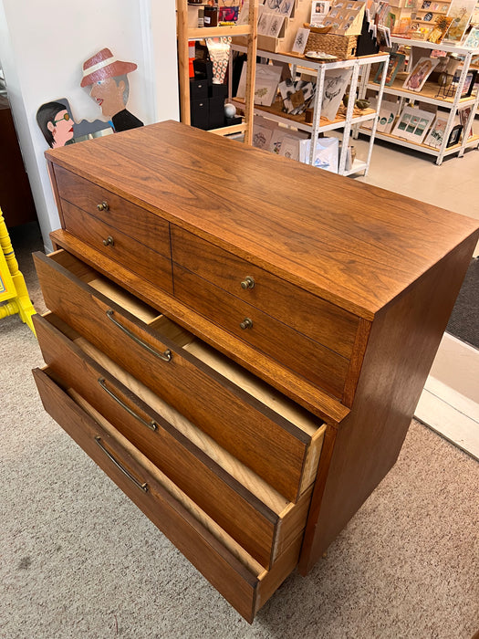 Vintage Mid Century Modern Solid Walnut 4 Drawer Dresser Brass Hardware by Lane Furniture Altavista Line