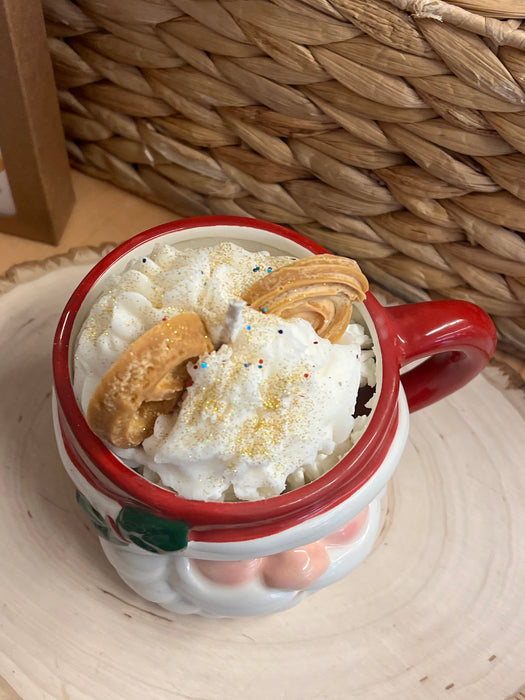 Jolly Ol' Handpainted Ceramic Santa Mug with  Festive Hand Crafted Vanilla Scented Soy Candle Representing Whipped Cream and Pretzels