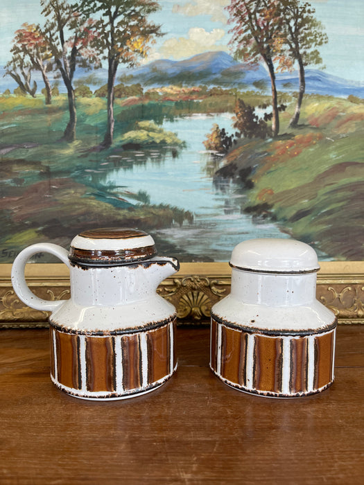 Vintage Mid-Century Modern Midwinter Pottery Creamer and Lidded Sugar Bowl Set, Hand-Painted in England