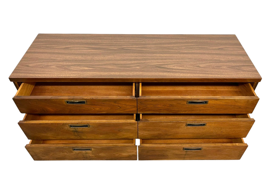 Mid Century Modern 6 Drawer Dresser with Sculpted Base and Brass-Toned Pulls.