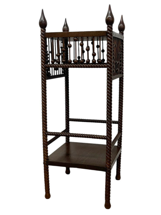 Vintage Barley Twist Wood Plant Stand / Side Table with Turned Spindle Gallery and Finials