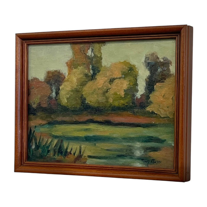 Signed Landscape Painting of Pond with Autumn Trees in Wood Frame