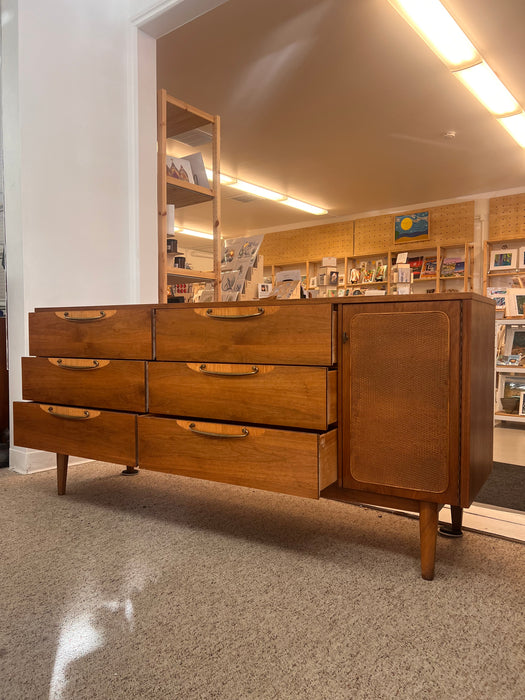 Vintage Mid Century Modern Solid Walnut Dresser with Six Drawers and aCabinet Brass Hardware by Lane Furniture Altavista Line