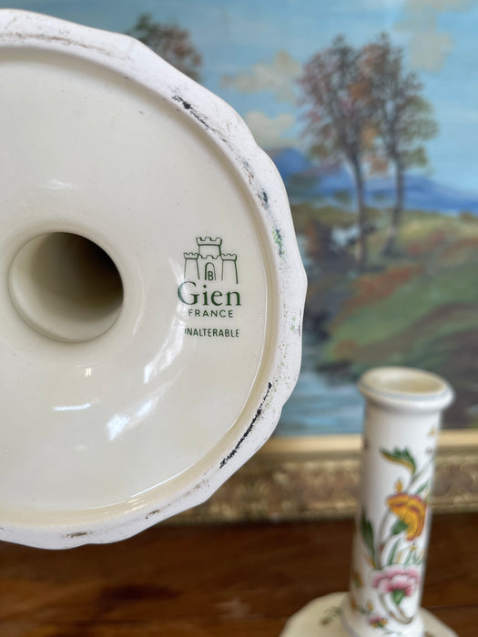 Pair of Hand-Painted French chinoiserie Style Gien France Ceramic Candlesticks - Floral Motif, Stamped