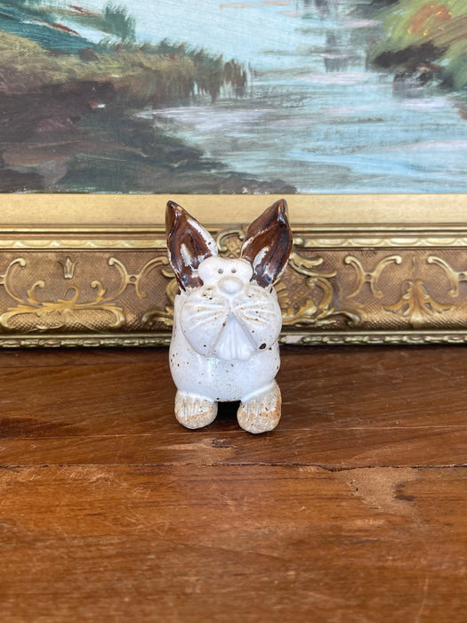 Handmade Studio Pottery Bunny Card Holder with Brown Glaze Accents.
