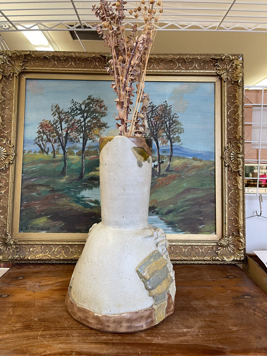 Vintage Studio Pottery Sculptural Vase with Applied Relief and Earth-Tone Glaze
