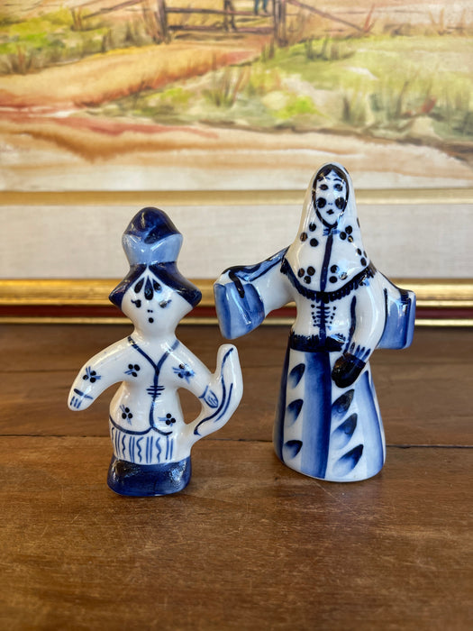 Vintage Blue and White Porcelain Figurine Pair, Hand-Painted Folk Figures