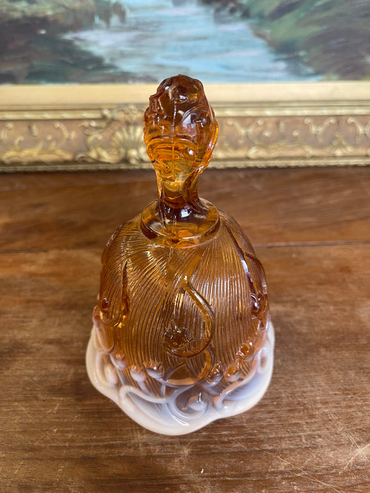 Vintage Amber and White Cased Art Glass Bell with Figural Handle