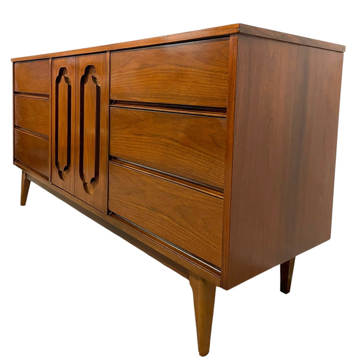 Vintage Mid Century Modern Walnut Toned Credenza with Cane Door Front and Dovetailed Drawers