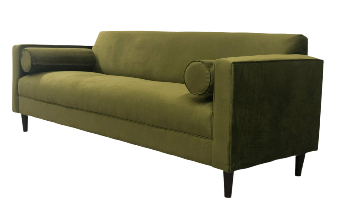 Brand New Modern Sofa/ Couch in Avocado Green Velvet Upholstery Made in USA Solid Wood Frame