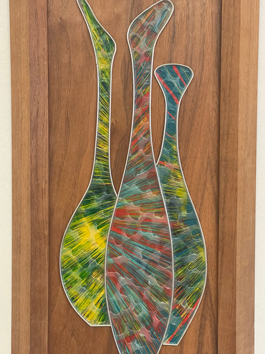Vintage Mid-Century Modern Abstract Mixed Media Wall Art by Sheldon in Walnut Toned Frame