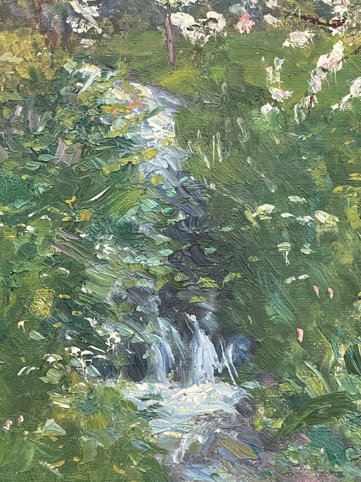 Vintage Impressionist Spring Landscape Painting with Stream in Gilt Toned Frame.