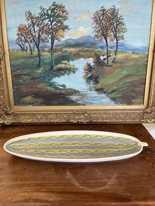 Vintage Mid-Century Modern Poole Pottery England Oval Serving Dish - Abstract Leaf Pattern, Yellow and Gray