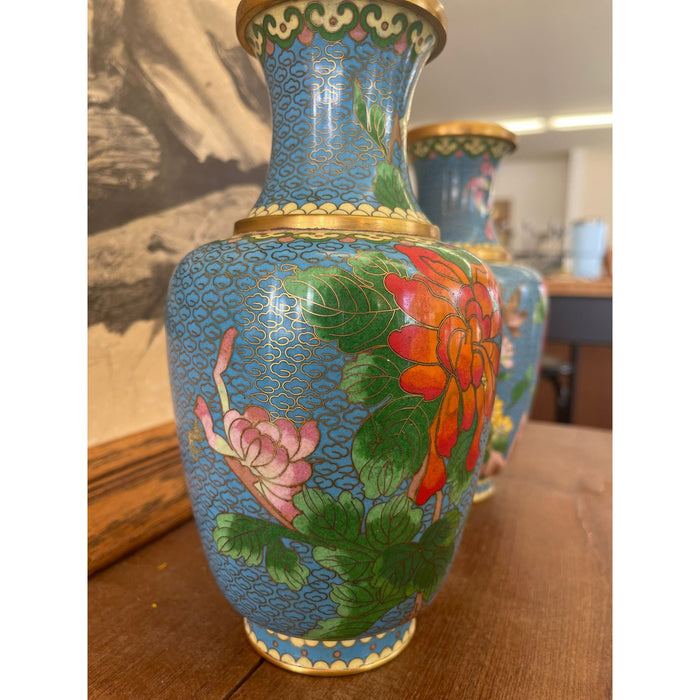 Pair of Vintage Vases With Floral and Bird Motif and Bright Colors.