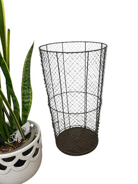 Vintage Industrial Wire Mesh Metal Trash Can / Waste Basket - Tapered Cylindrical Open-Top Bin