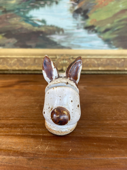 Handmade Studio Pottery Bunny Card Holder with Brown Glaze Accents.