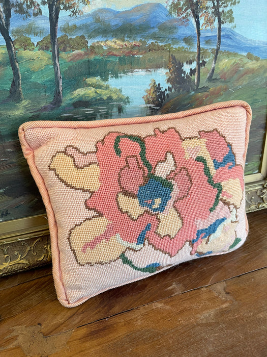 Handmade Needlepoint Floral Pillow with Pink Corduroy Backing - Accent Cushion, Made in Seattle