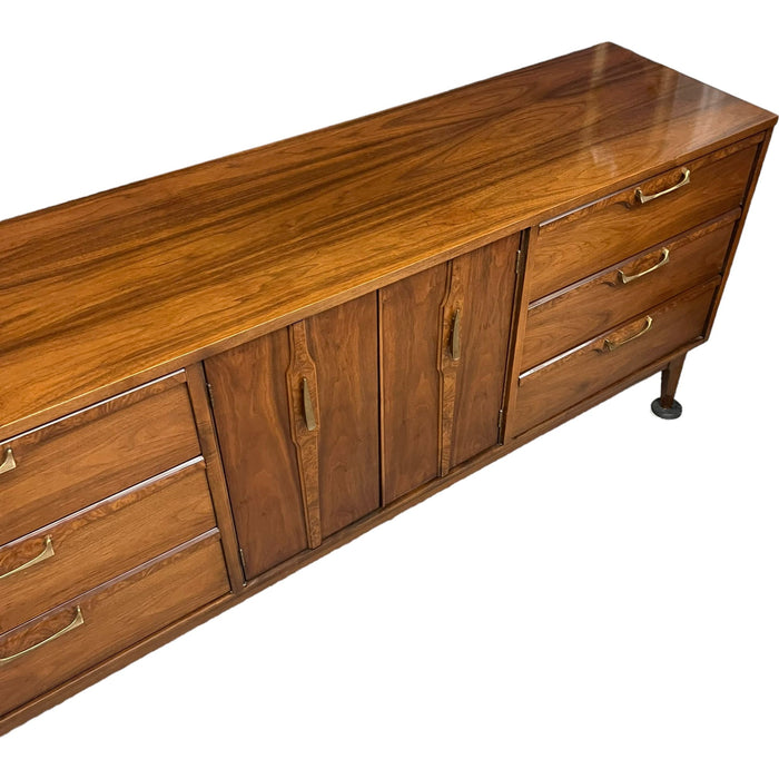 Vintage Mid Century Modern Lowboy 9 Drawer Dresser Sold Walnut Burl Accent Dovetailed Drawers