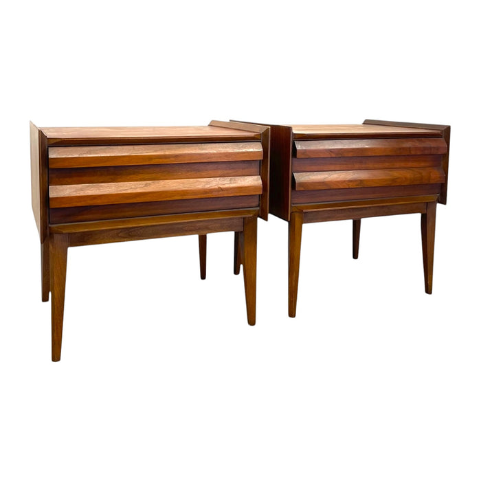 Vintage Lane First Edition Mid Century Modern Walnut Nightstand End Table Set by Lane Furniture.