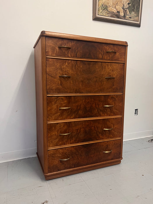 Vintage Art Deco Retro Figured walnut Burl wood Dresser With Fold out Writing Desk with Original Handles Brass Finished