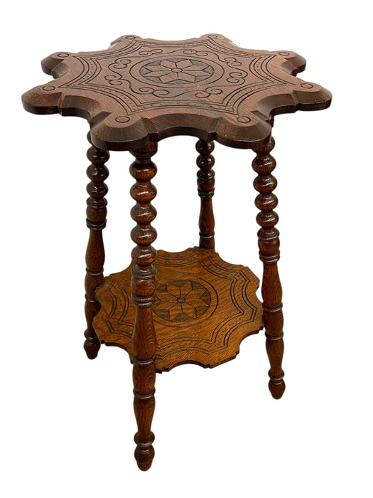 Vintage Carved Occasional Table with Barley Twist Legs and Inlaid Geometric Top & Shelf