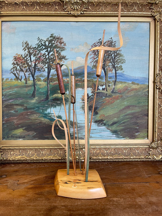 Handcrafted Wooden Cattail a Sculpture by Wood N' Things, Minnesota Studio Craft Botanical Art