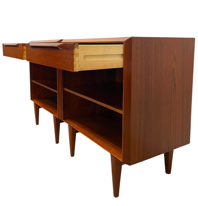 Vintage Danish Mid-Century Modern Teak Nightstands or Bedside Tables with Drawer and Adjustable Open Shelves - Pair