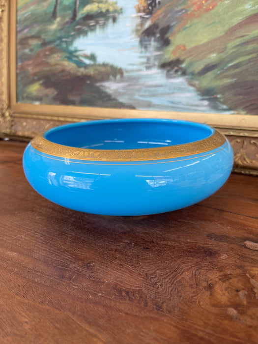 Likely Antique 19th Century French Blue Opaline Glass Bowl with Intricate Gilded Fruit and Vine Border