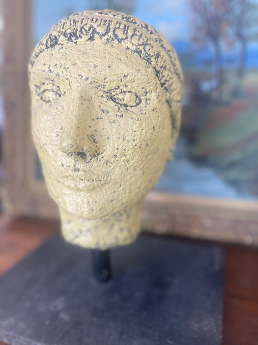 Textured Vintage Papier-Mâché Head Sculpture with hand-painted detailing on Custom stand.