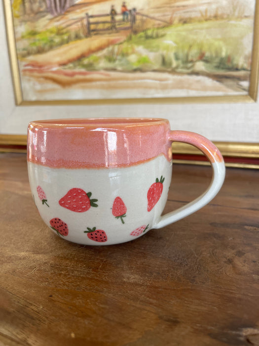Handmade Wheel-Thrown Ceramic Strawberry Mug with Peach Glaze Interior