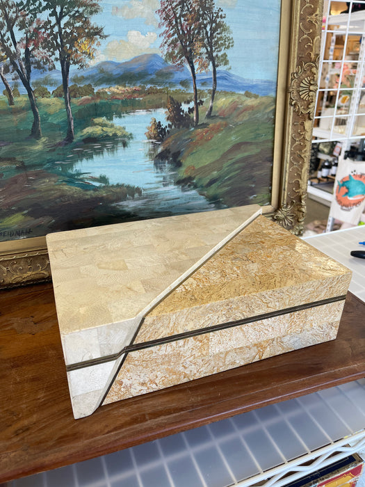 Vintage Possibly Tessellated Stone and Brass Toned Inlay Jewelry or Keepsake Box with Velvet-like Interior.