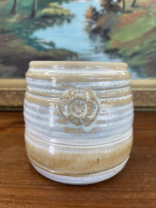 Signed Studio Pottery Stoneware Vessel by Freeburg with Embossed Medallion