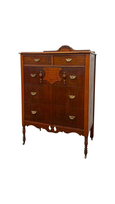 Vintage 5-Drawer Tallboy Dresser – Vintage Chest of Drawers with Dovetail Joinery and Casters