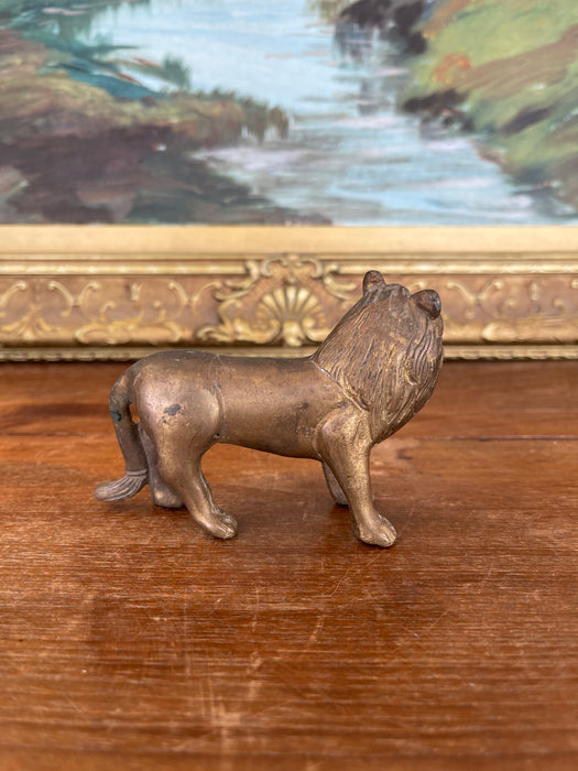 Likely Antique Possibly Hand-Cast Bronze Toned Lion Figurine with Folk Art Styling