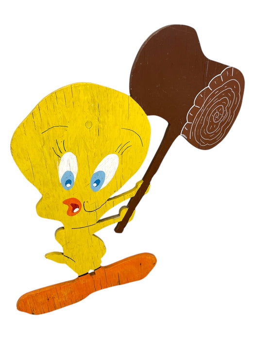 Vintage Hand-Painted Tweety Bird Wooden Cutout Sign with Mallet