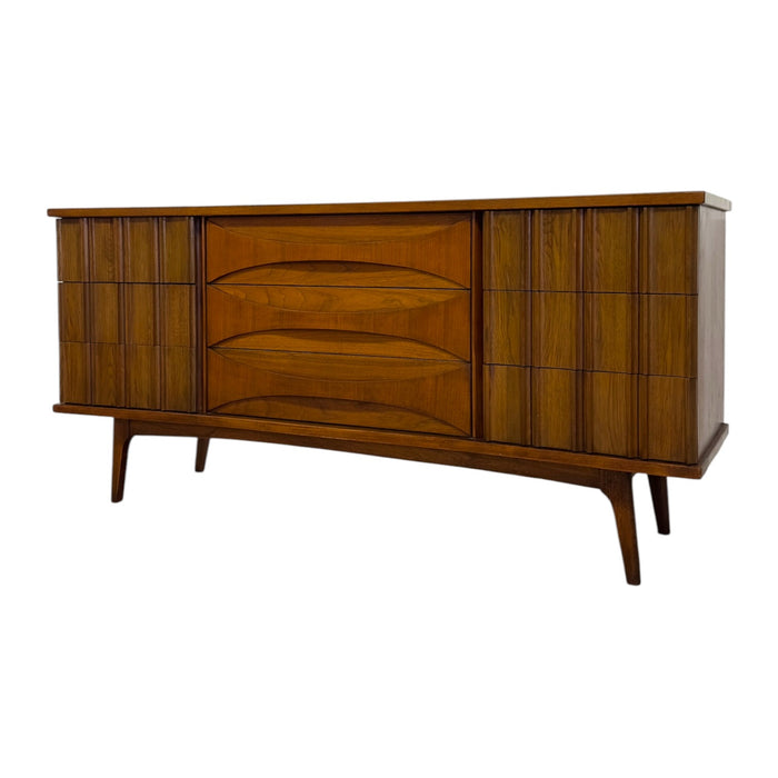 Vintage Mid Century Modern Solid walnut 9- Drawer Dresser’ with Bent wood Handles & Brutalist Accents