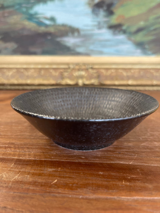 Textured Studio Pottery Bowl in Dark Iron-Glaze Finish with Radiating Pattern