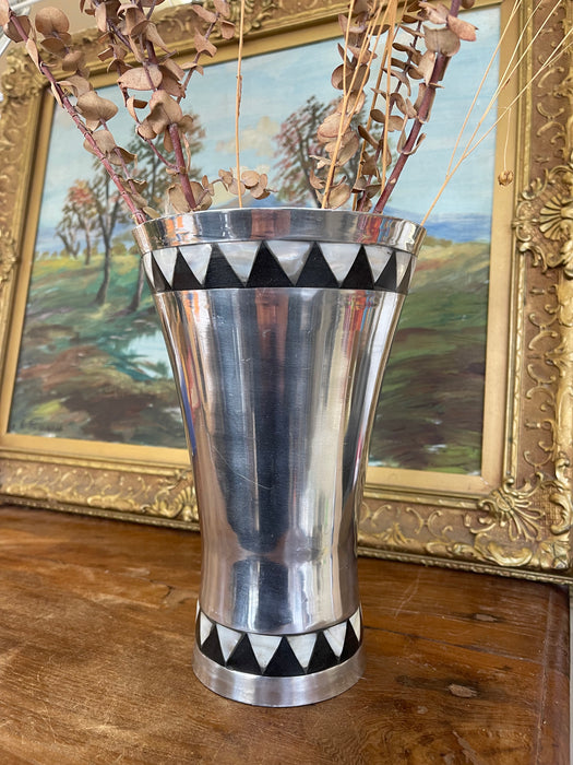 Vintage Towle Silversmiths Modernist Metal Vase with Black and Mother-of-Pearl Geometric Inlay