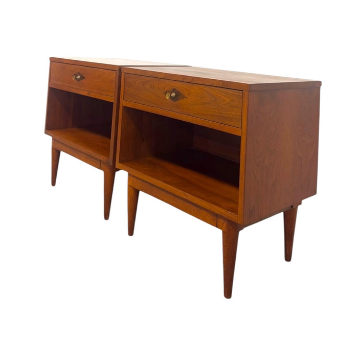 Vintage Mid-Century Modern End Table Set With Diamond Parquet Accent Inlay and Dovetailed Drawers